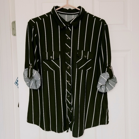 Urban Planet Striped Button Down Shirt Oversized Black White Long Sleeves Large - Picture 2 of 11